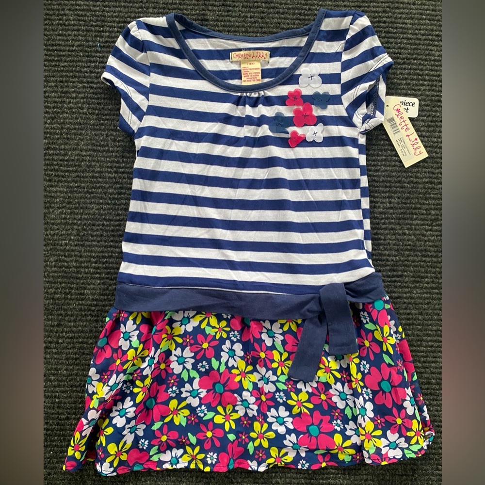 Colette Lilly Navy Striped Top with Floral Accent Skirt- 6X